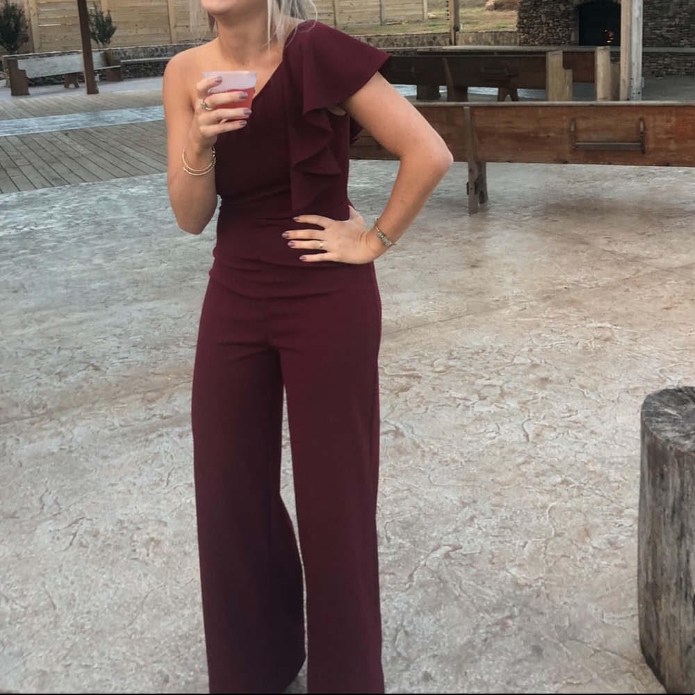 Burgundy one shoulder ruffle jumpsuit